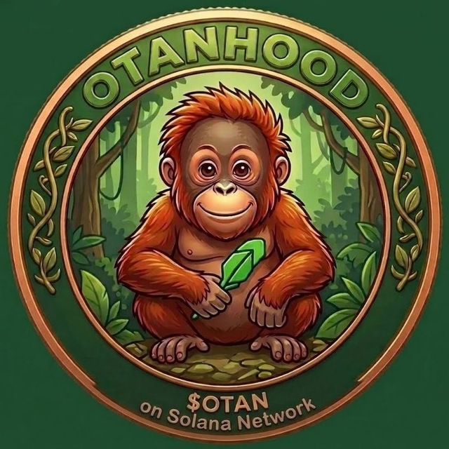 OtanHood ($OTAN) coin — a Bornean orangutan holding a green leaf inside a copper coin ring, set in the rainforest.